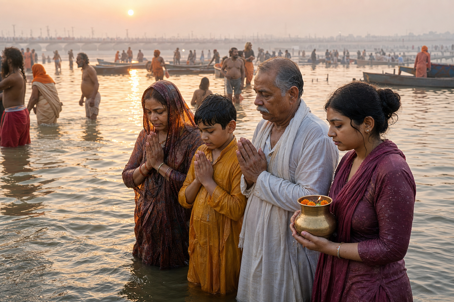 Devotees pray in the shallow water of the Triveni Sangam at dawn as pilgrims, boats and a pontoon bridge fade into the mist behind them.