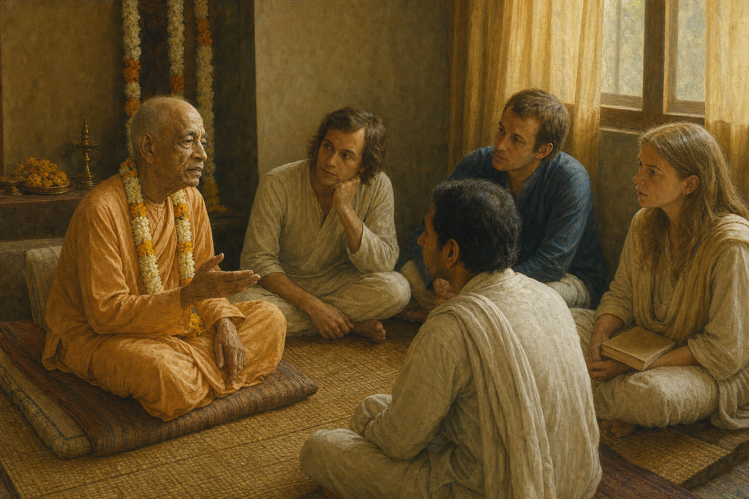 An elderly Vaishnava teacher in saffron robes speaks to a small circle of attentive disciples in a modest devotional room.