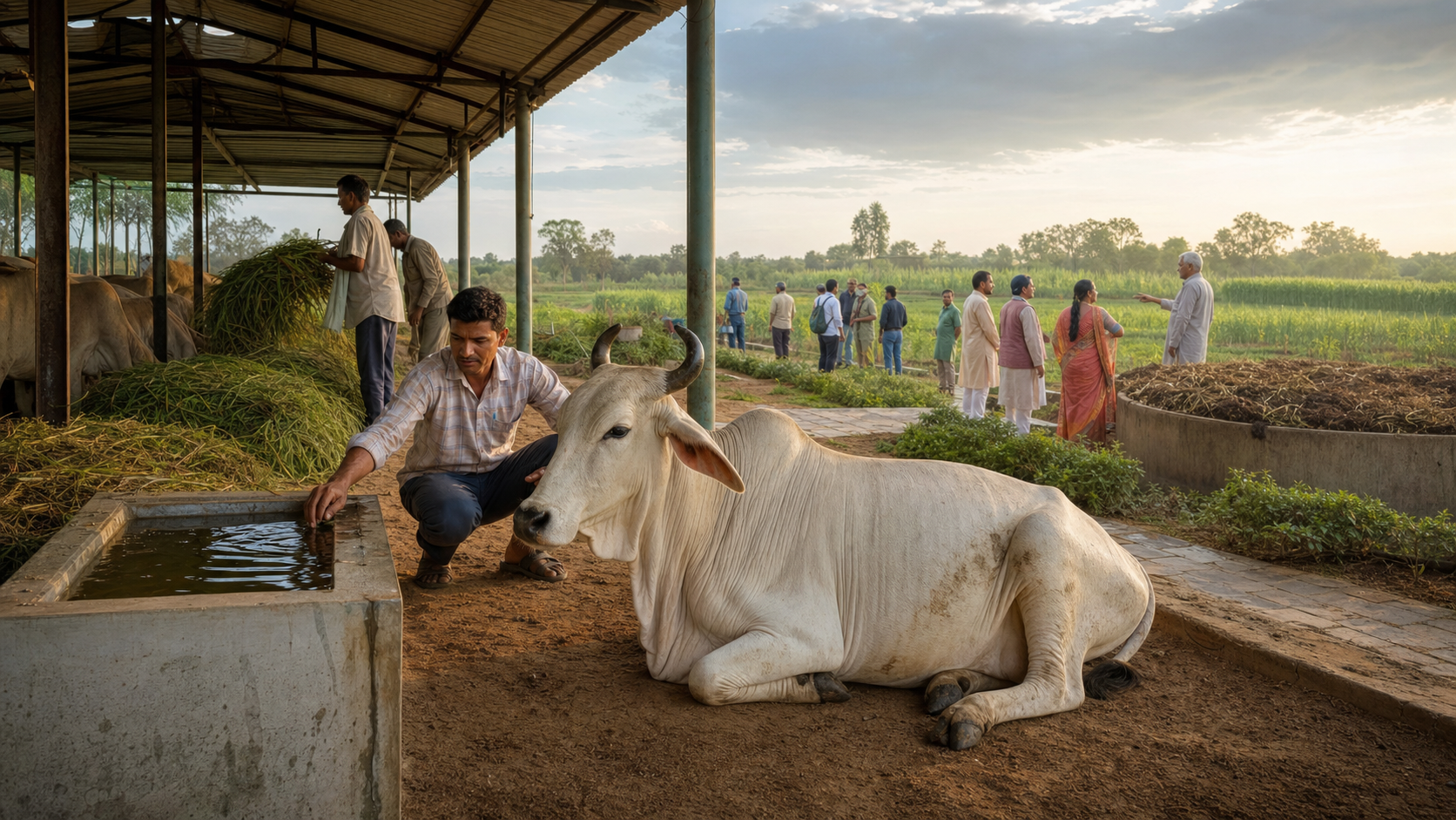 Caretakers and conference delegates observe indigenous cattle, fodder, water, compost and cultivated fields at an integrated Indian goshala and farm.