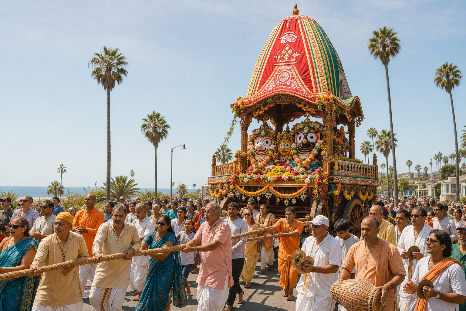 A flower-decorated Rathayatra chariot carrying Jagannath, Baladeva, and Subhadra moves through a Los Angeles coastal street as an intergenerational crowd pulls ropes, sings, and plays instruments.