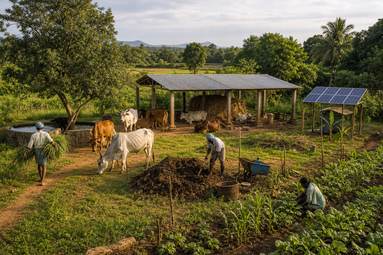 An integrated farm includes grazing cattle, a shaded shelter, fodder storage, water, composting and cultivated fields tended by several workers.