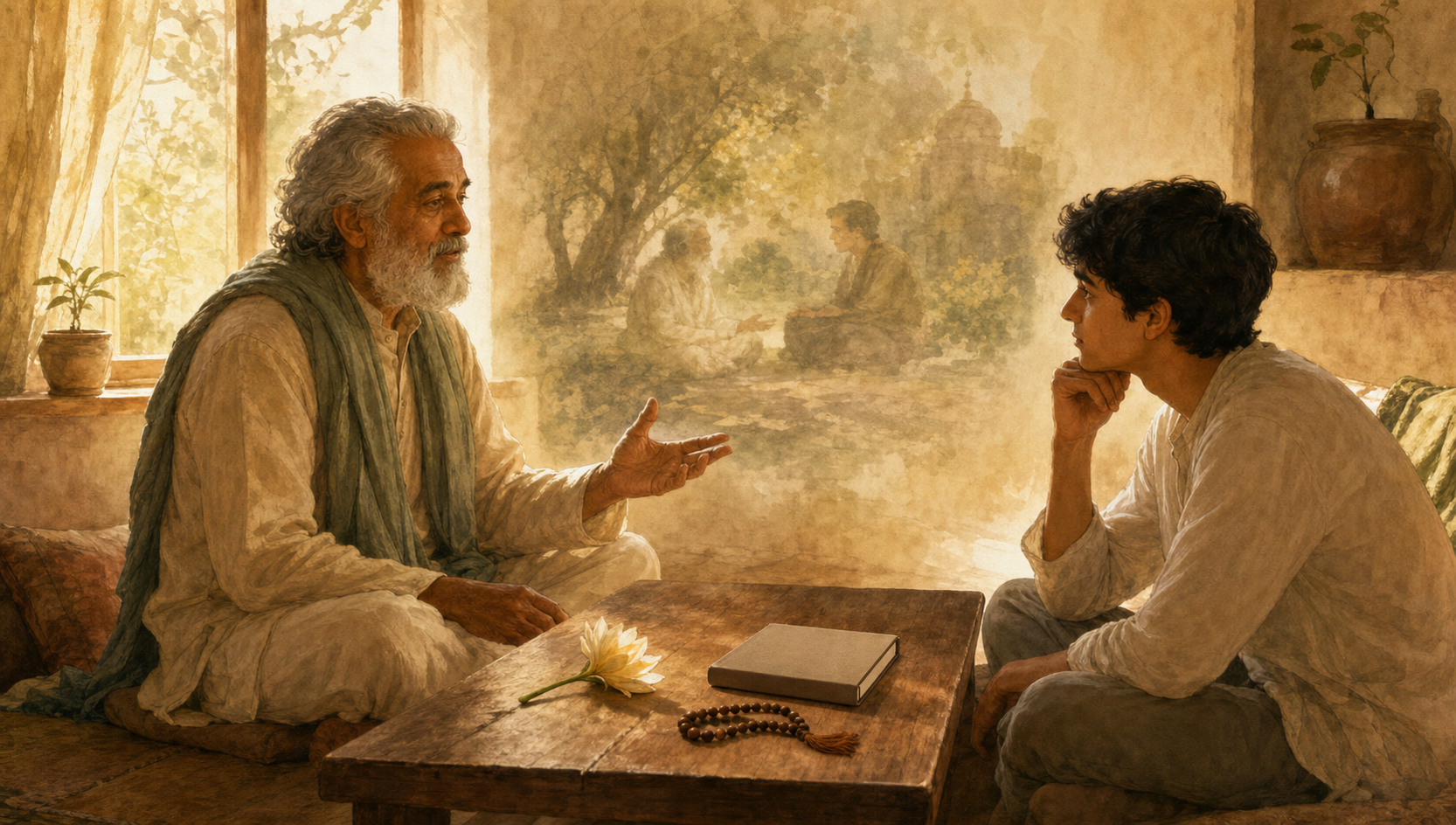 An older devotee shares a memory with a younger listener at a low table while the background fades softly out of focus.
