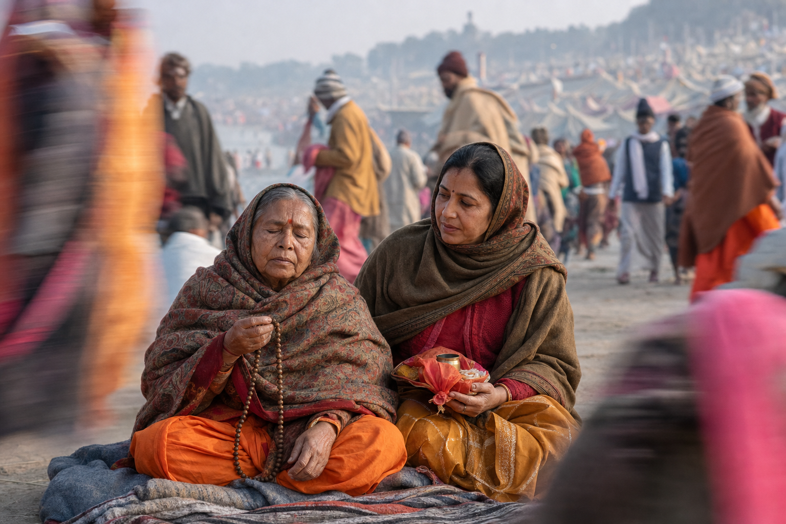 An elderly devotee uses prayer beads beside her daughter while streams of pilgrims move around them near the Sangam.