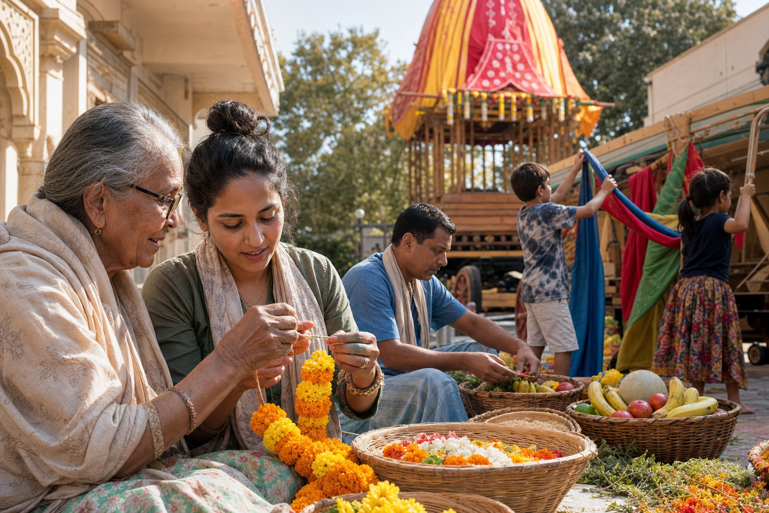Older adults, younger volunteers, and children prepare flower garlands, offerings, and canopy fabric for a Rathayatra chariot in a Los Angeles courtyard.