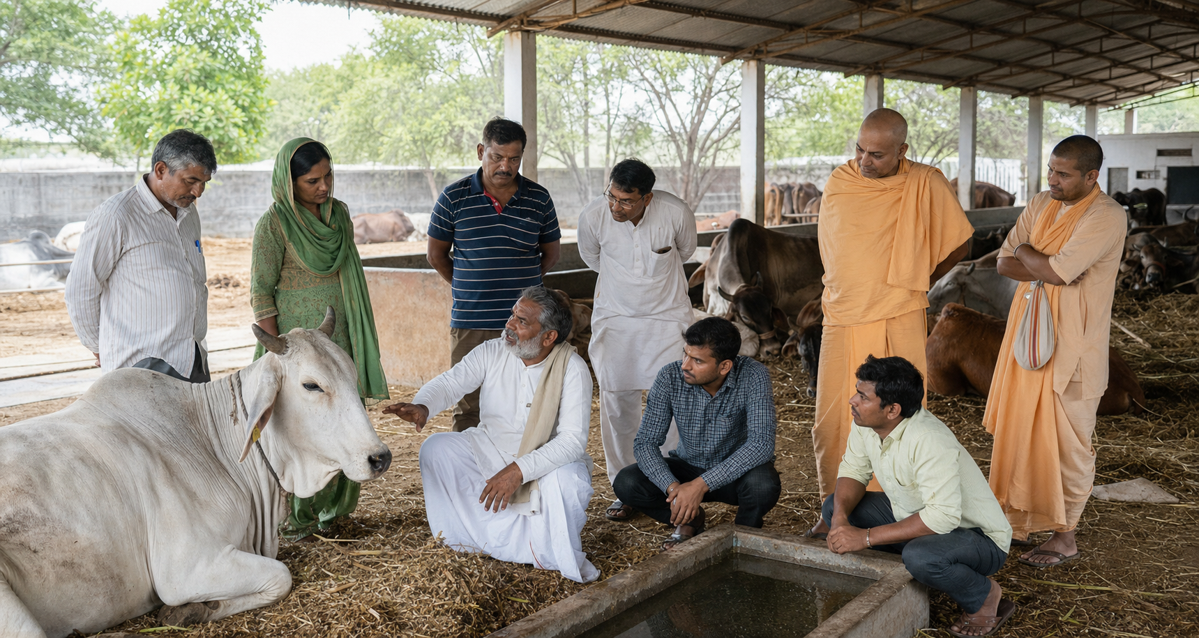 Farm managers, caretakers and community members inspect fodder, water, drainage and cattle conditions inside an open-sided shelter.