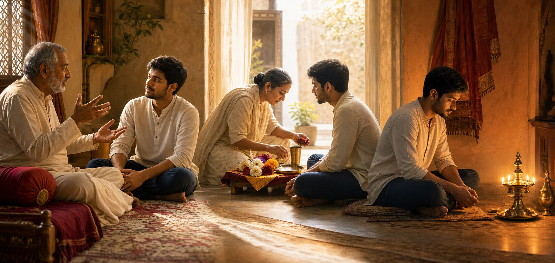A continuous scene shows a devotee hearing a personal account, observing flower service, and reflecting quietly beside a lamp.