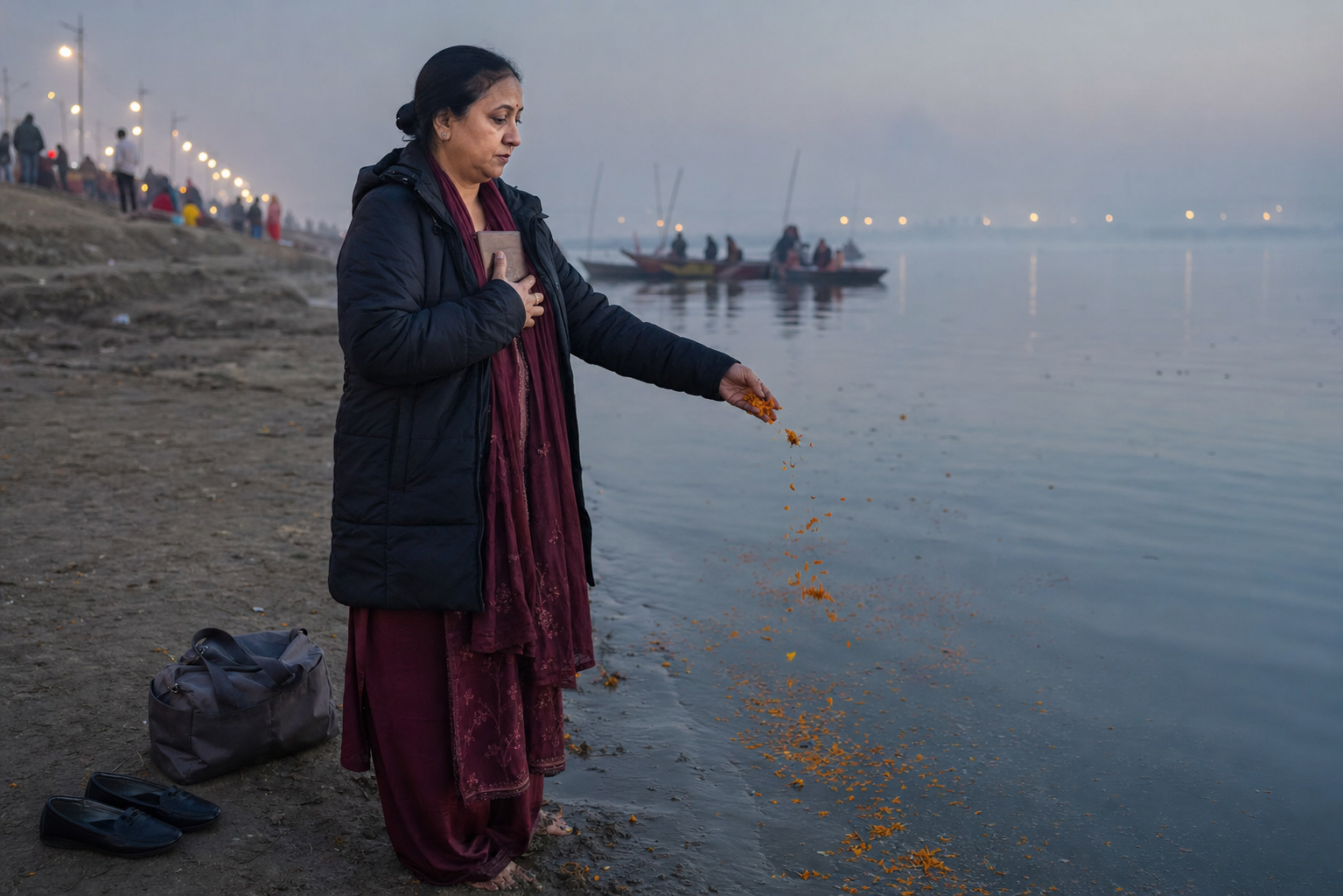 A diaspora pilgrim in a winter coat over traditional clothing holds a family keepsake and offers marigold petals at the river before sunrise.