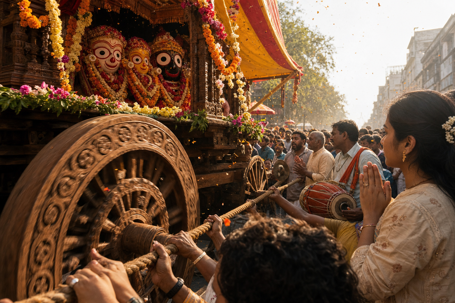 Hands pull a thick rope beside the wheel of a moving flower-garlanded chariot carrying Jagannath, Baladeva, and Subhadra while musicians and worshippers accompany the procession.