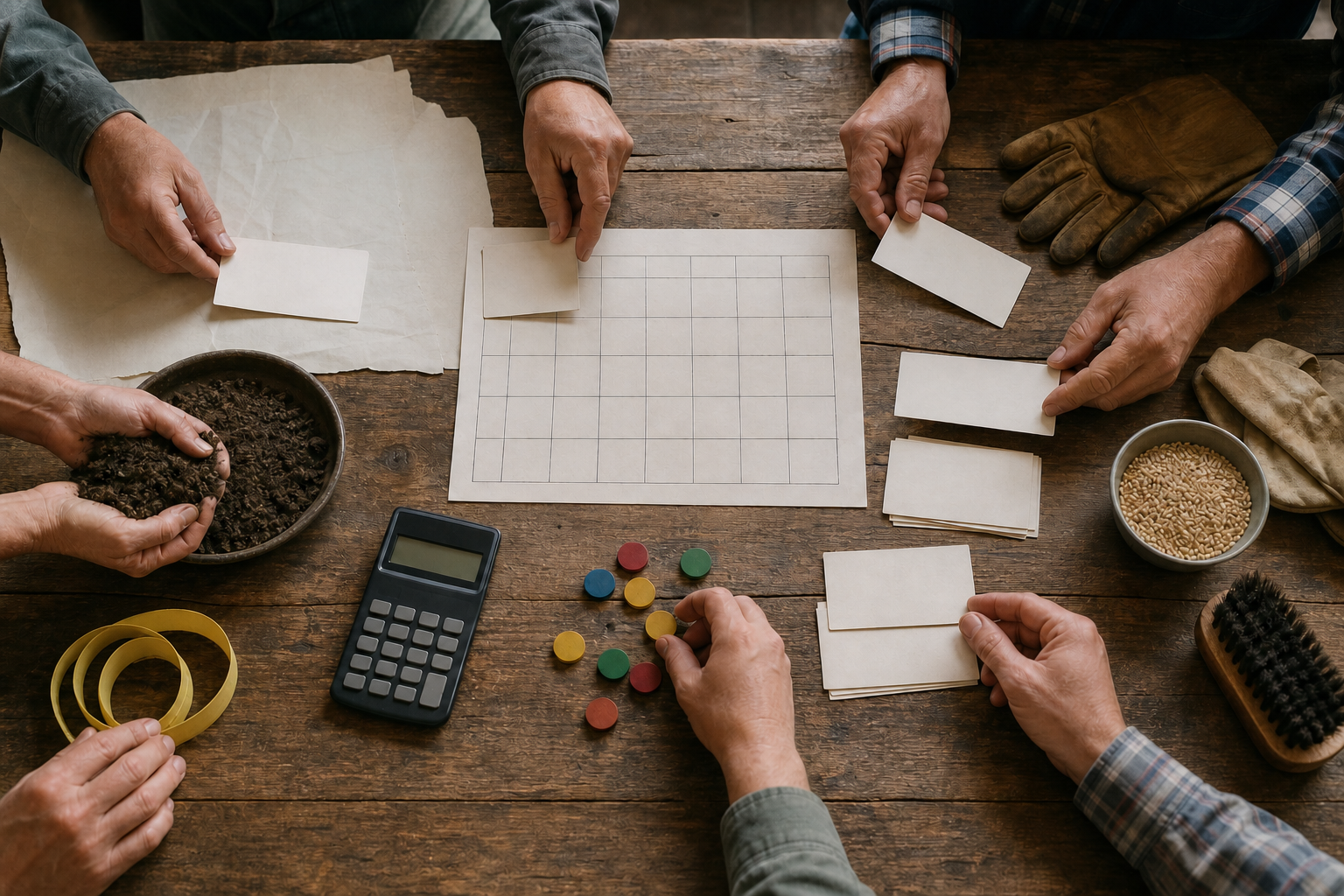 Several people organize blank planning cards beside farm tools, fodder grain, soil samples, a calculator and a cattle brush on a wooden table.
