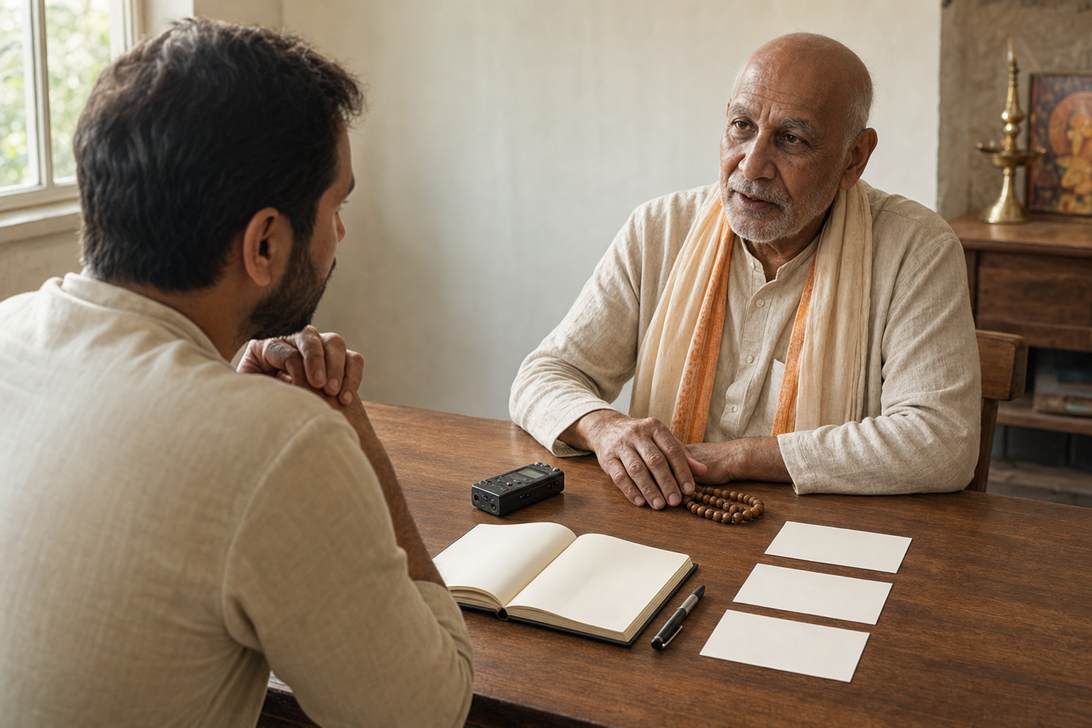 A younger listener records an older devotee's recollection with an audio recorder, blank notebook, pen, and unmarked cards on the table.