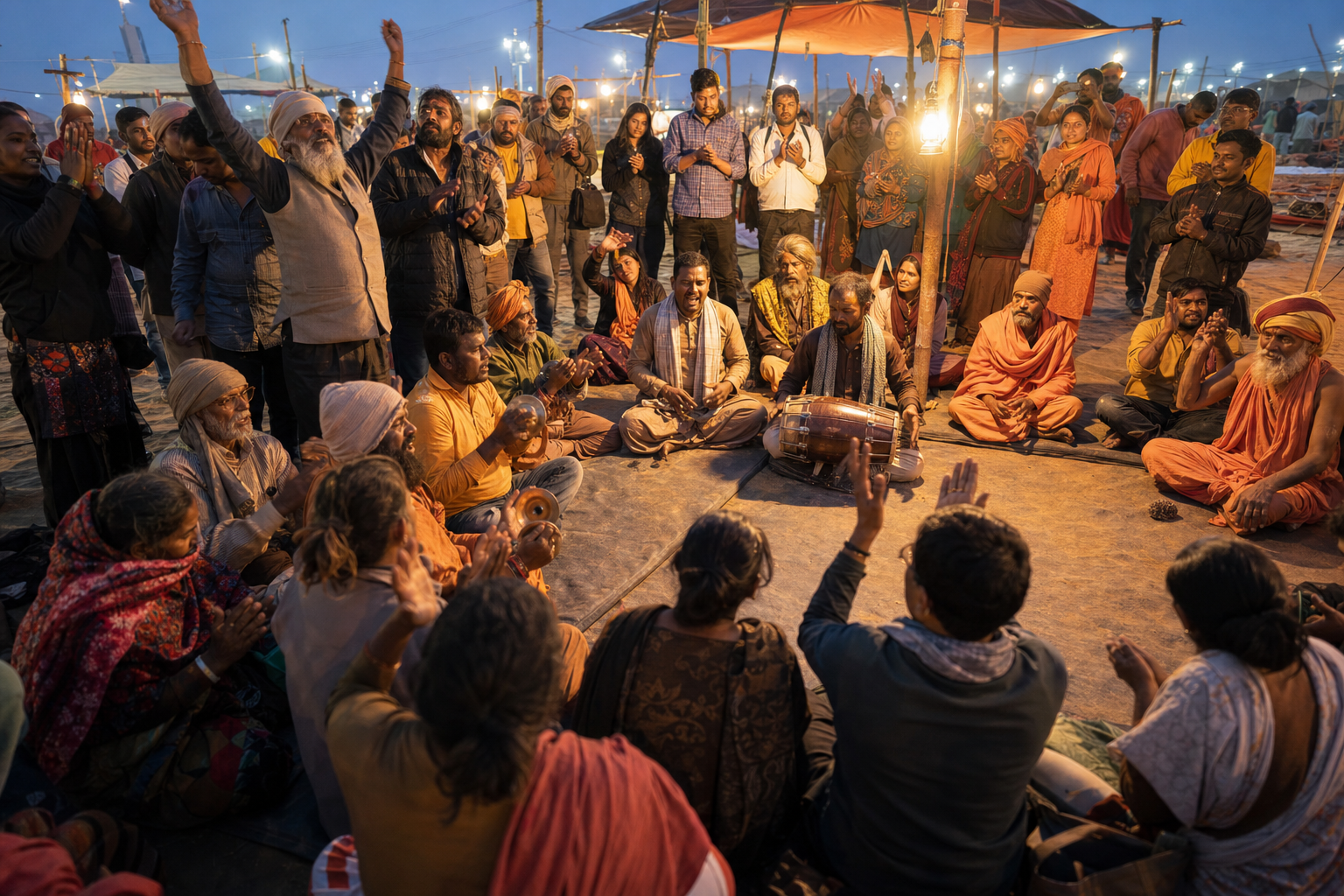 Devotees sing and play hand instruments as nearby pilgrims clap and join a bhakti circle under temporary canopies.