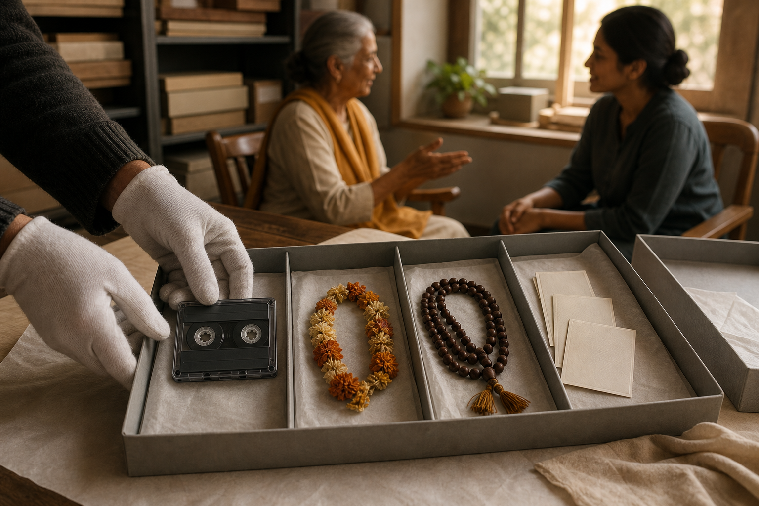 Gloved hands preserve a cassette, garland fragment, prayer beads, and face-down prints in separate archival compartments while two people talk nearby.