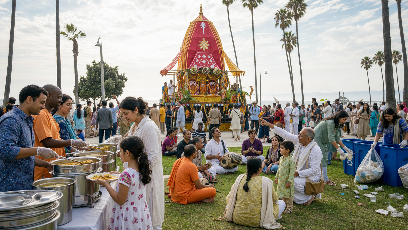 Festival participants serve a vegetarian meal, make music, teach children, and clean a seaside park while a Rathayatra chariot passes in the background.