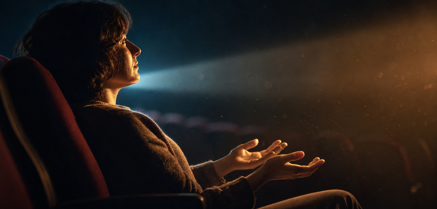 A seated viewer is illuminated by a projector beam that shifts from cool blue to warm amber.