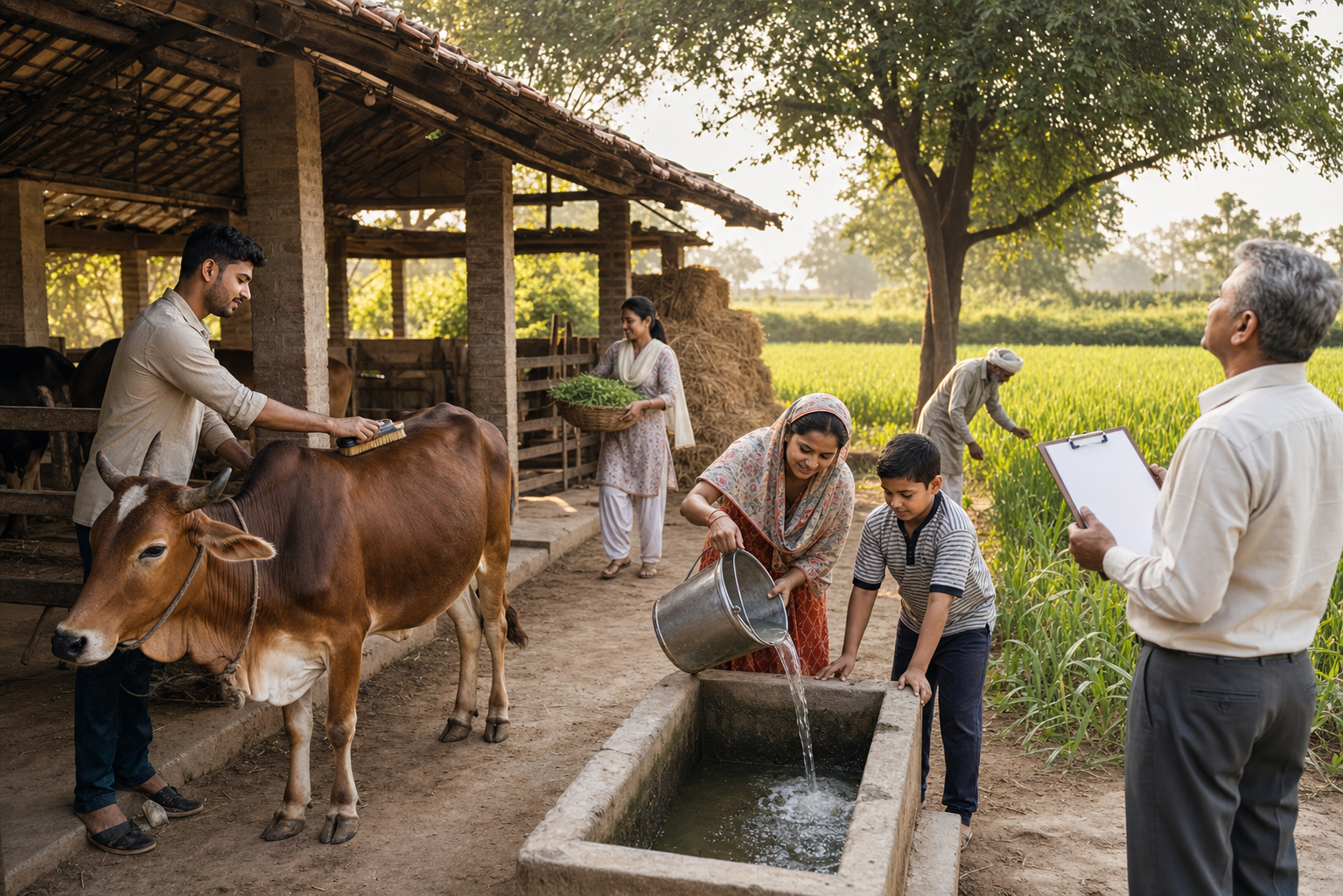 Caretakers, a farmer, a volunteer, a family and an administrator perform different jobs around cattle, a shelter and a fodder field.