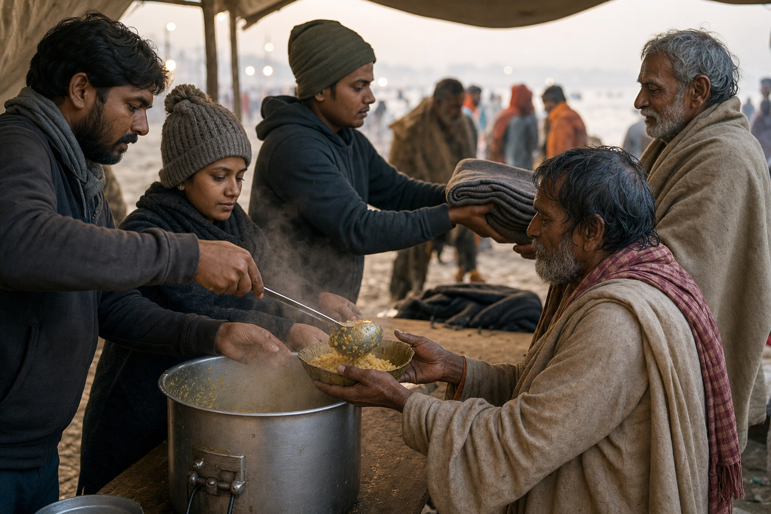 Volunteers serve a hot meal and offer a blanket to pilgrims beneath a simple canvas shelter near the river.