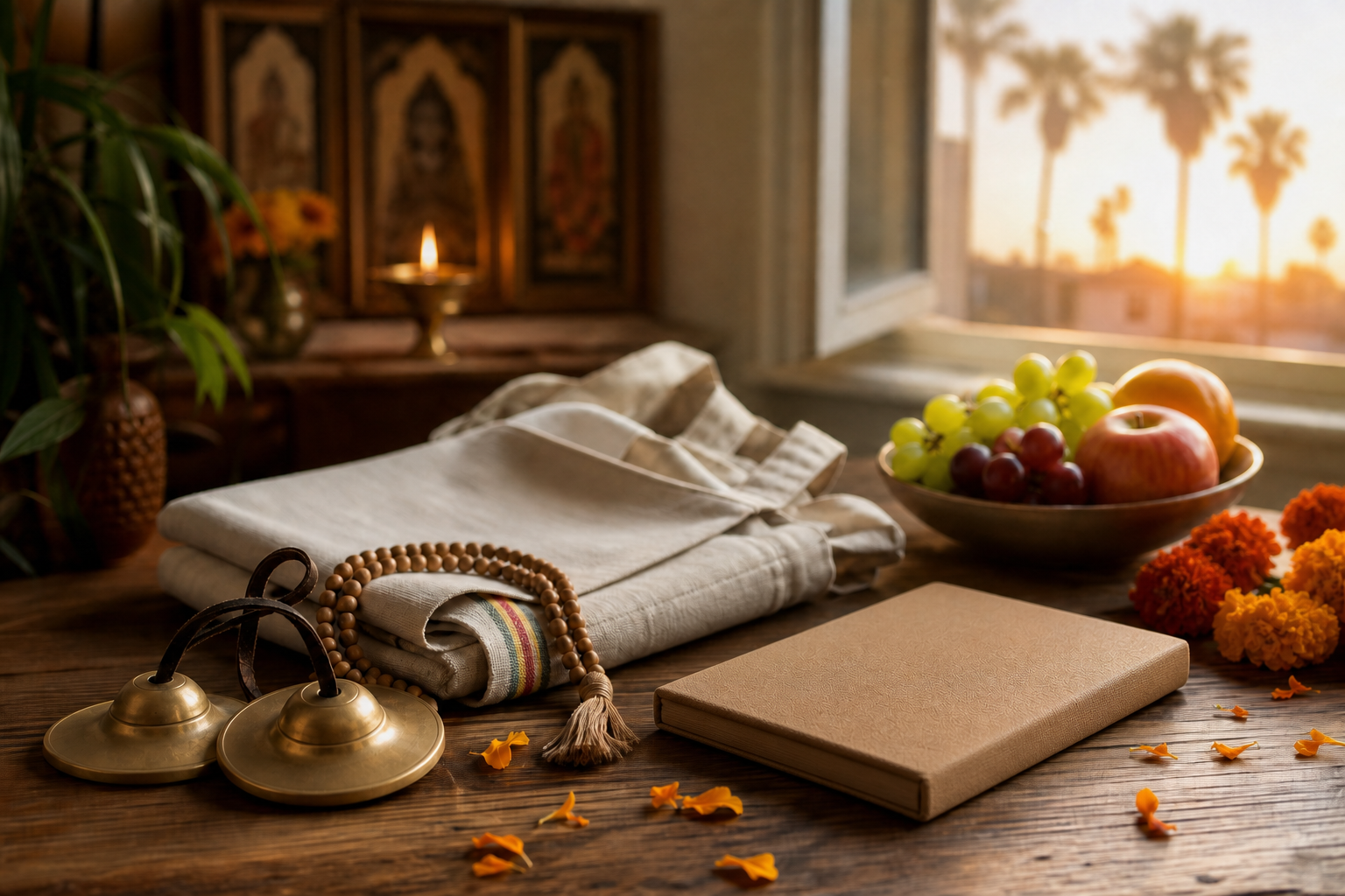 Hand cymbals, prayer beads, fruit, flowers, and a folded service apron rest beside a home shrine in the soft light of a Los Angeles morning.