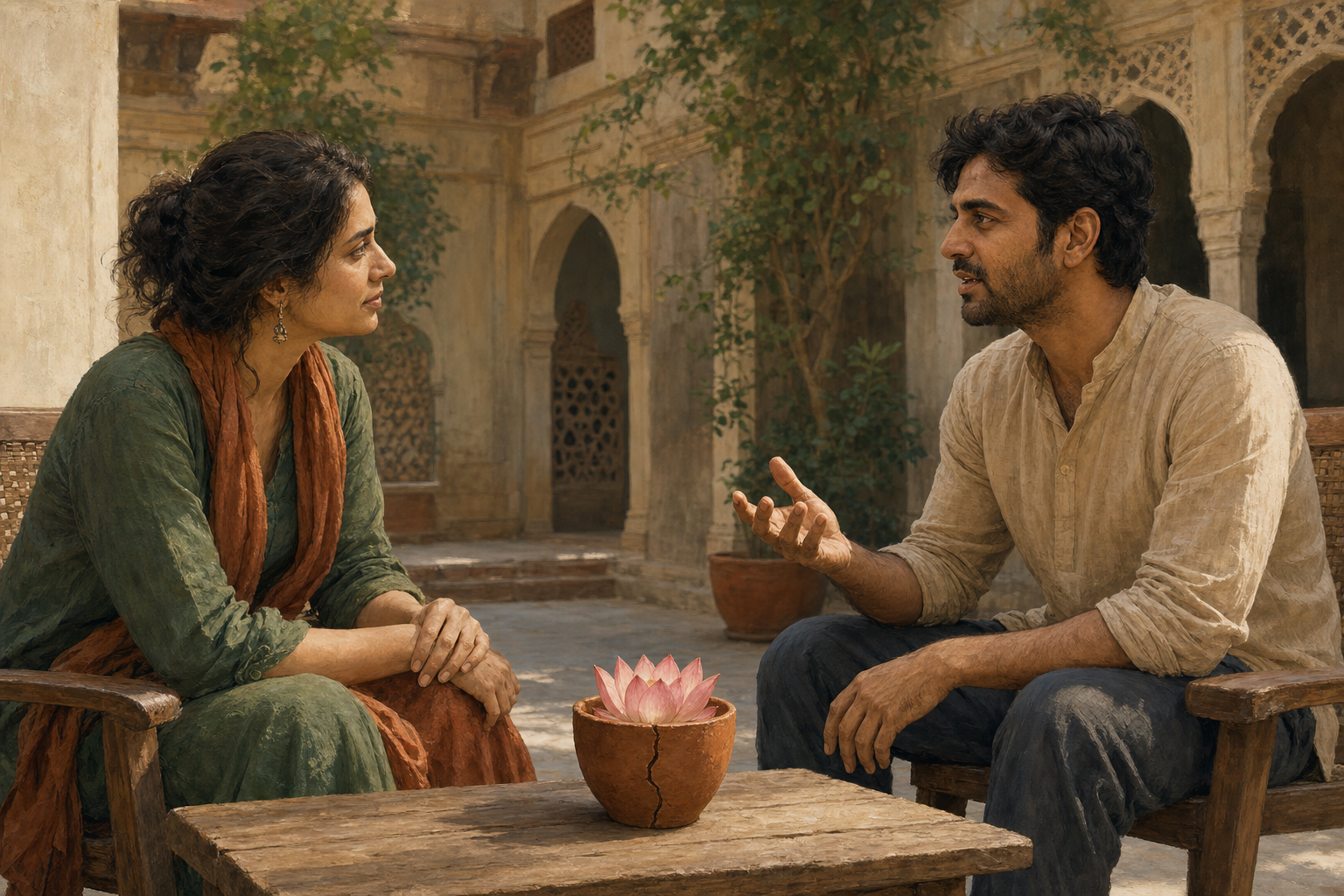 Two adults speak calmly in a sunlit courtyard beside a cracked clay cup holding a lotus blossom.