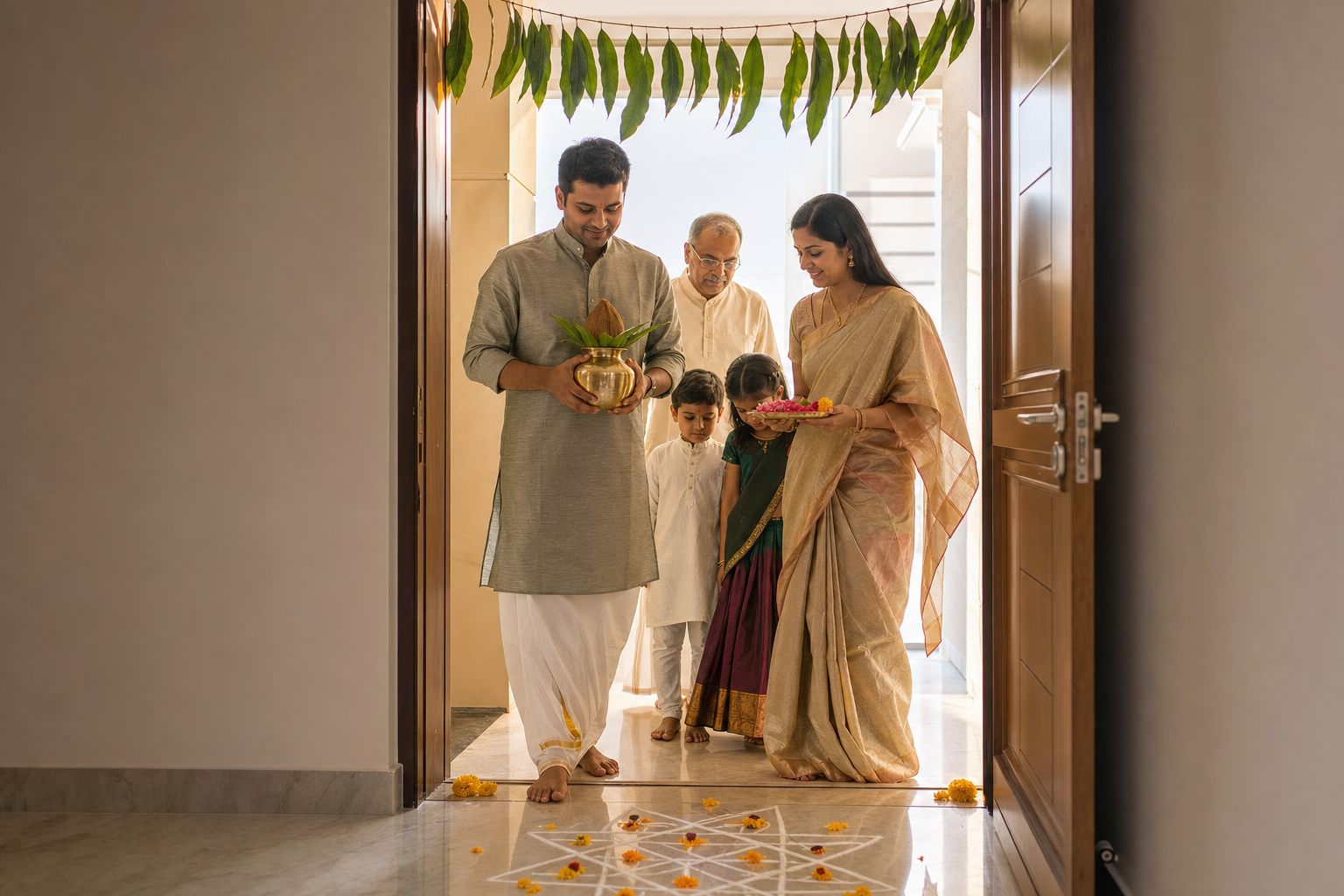 A multigenerational Indian family stands barefoot at the decorated entrance of a new home, carrying a brass kalash and flower offerings beside a rangoli.