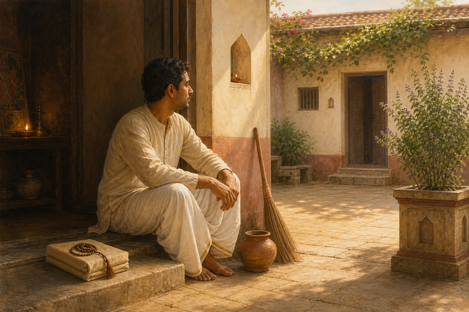 A practitioner sits between a quiet shrine room and a sunlit courtyard with prayer beads, a wrapped sacred book, an oil lamp and household objects nearby.