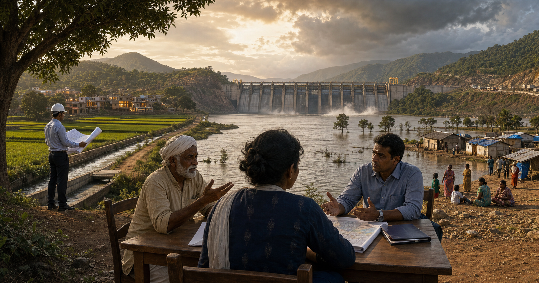 An anonymous activist, a village elder and an engineer meet beside a river valley containing a large dam, affected farmland, irrigation channels and a resettlement area.