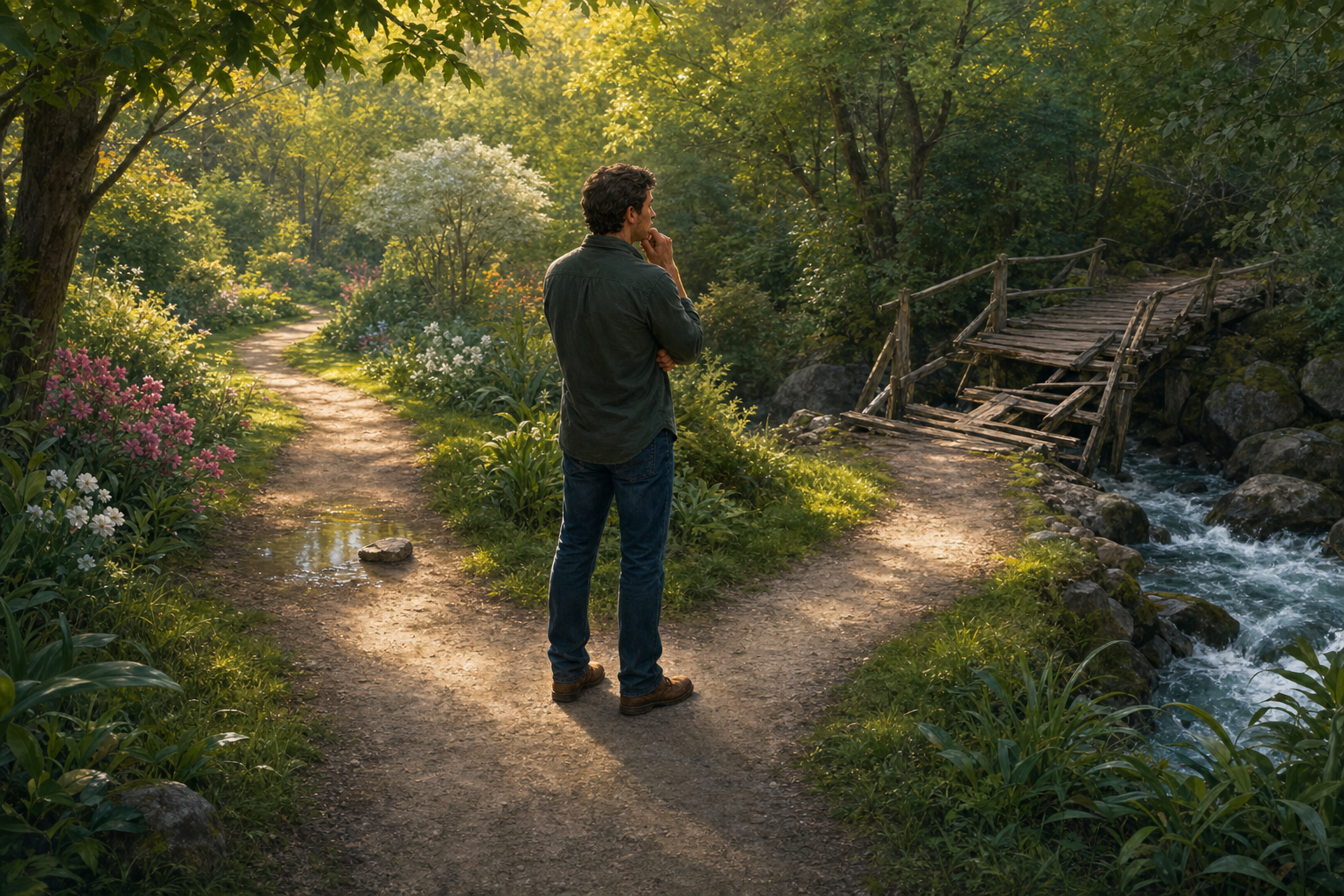 A person pauses where one garden path passes a puddle and another leads to a broken bridge over rushing water.