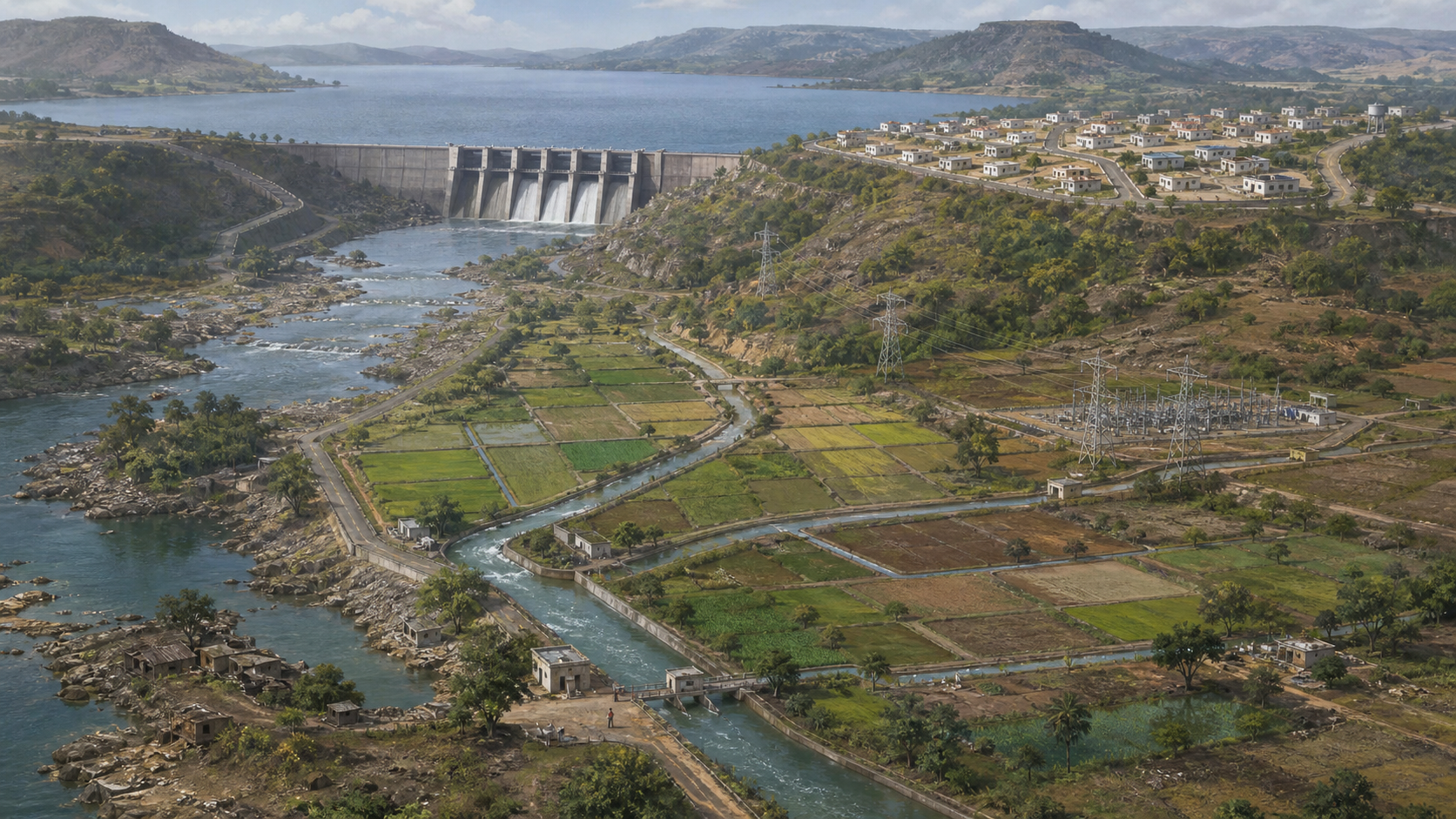 An aerial view shows a large dam, reservoir, irrigation canals, farmland, power infrastructure, a relocation settlement and an older riverside hamlet.