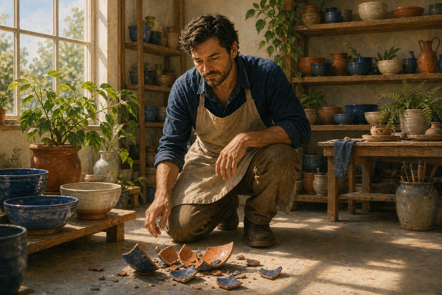 An adult stands beside a dropped ceramic bowl in a workshop filled with intact pottery and healthy plants.