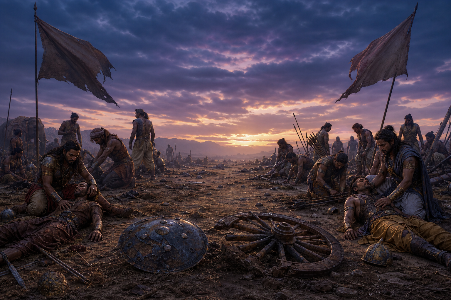 Exhausted warriors from opposing armies tend their companions at twilight beside a broken chariot wheel and abandoned shield.