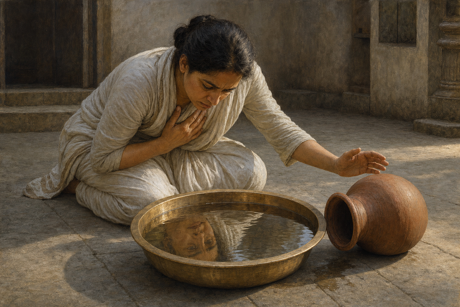 A kneeling practitioner pauses beside a toppled clay pot and studies their reflection in a shallow brass basin.