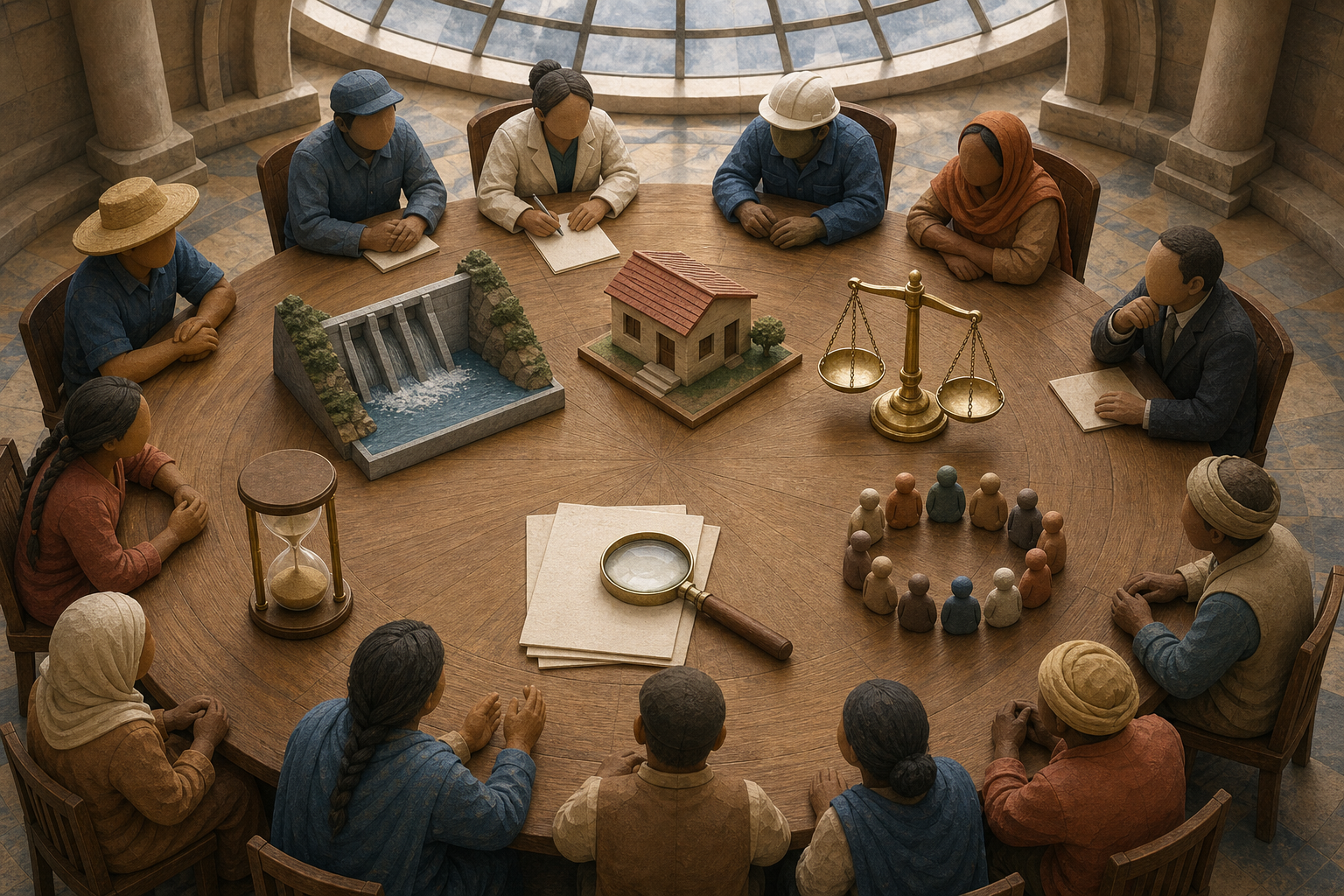 Villagers and specialists review a dam model around a table containing six symbolic objects for rehabilitation, balance, delay, evidence and public accountability.