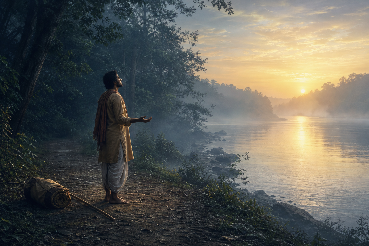 A pilgrim stands with open hands beside a misty river after setting down a walking staff and travel bundle.