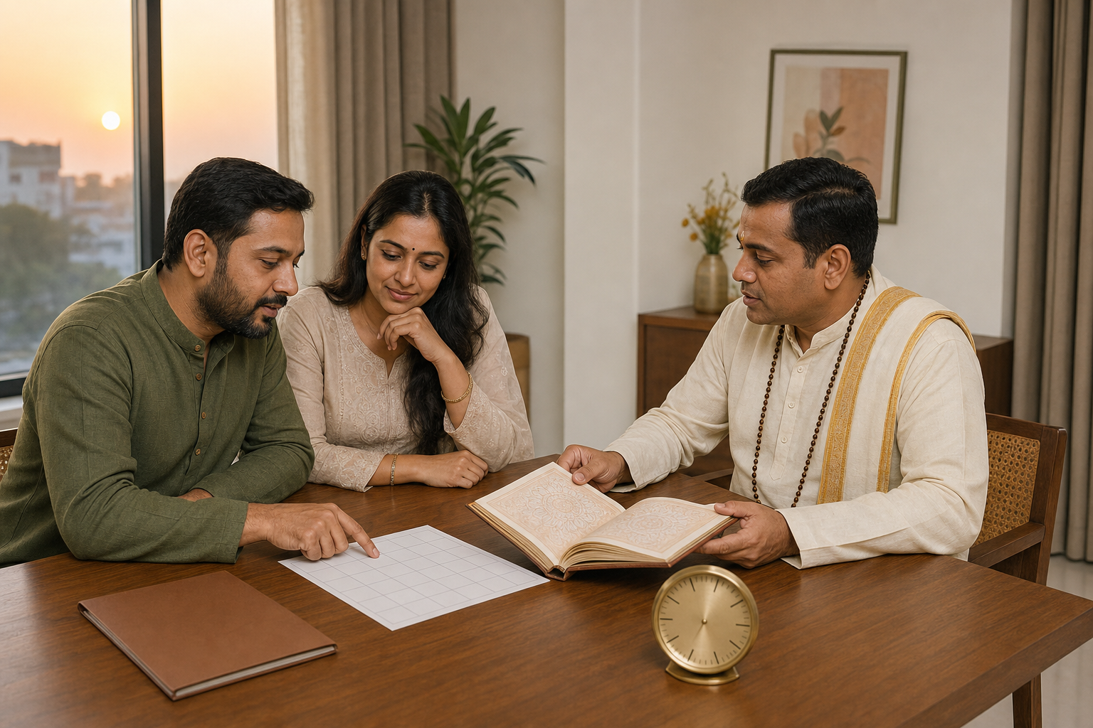 A priest and a couple discuss ceremony timing at a table with an unmarked calendar, an almanac, and a brass clock.