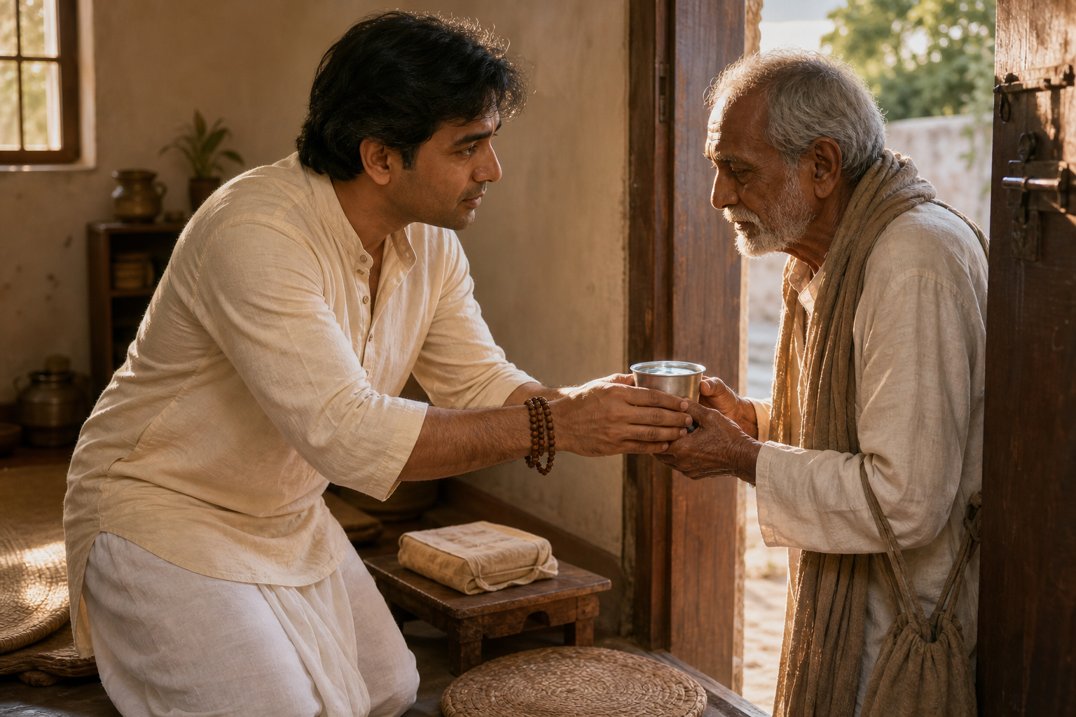 A practitioner rises from a study seat to offer a cup of water to an elderly visitor at the doorway.