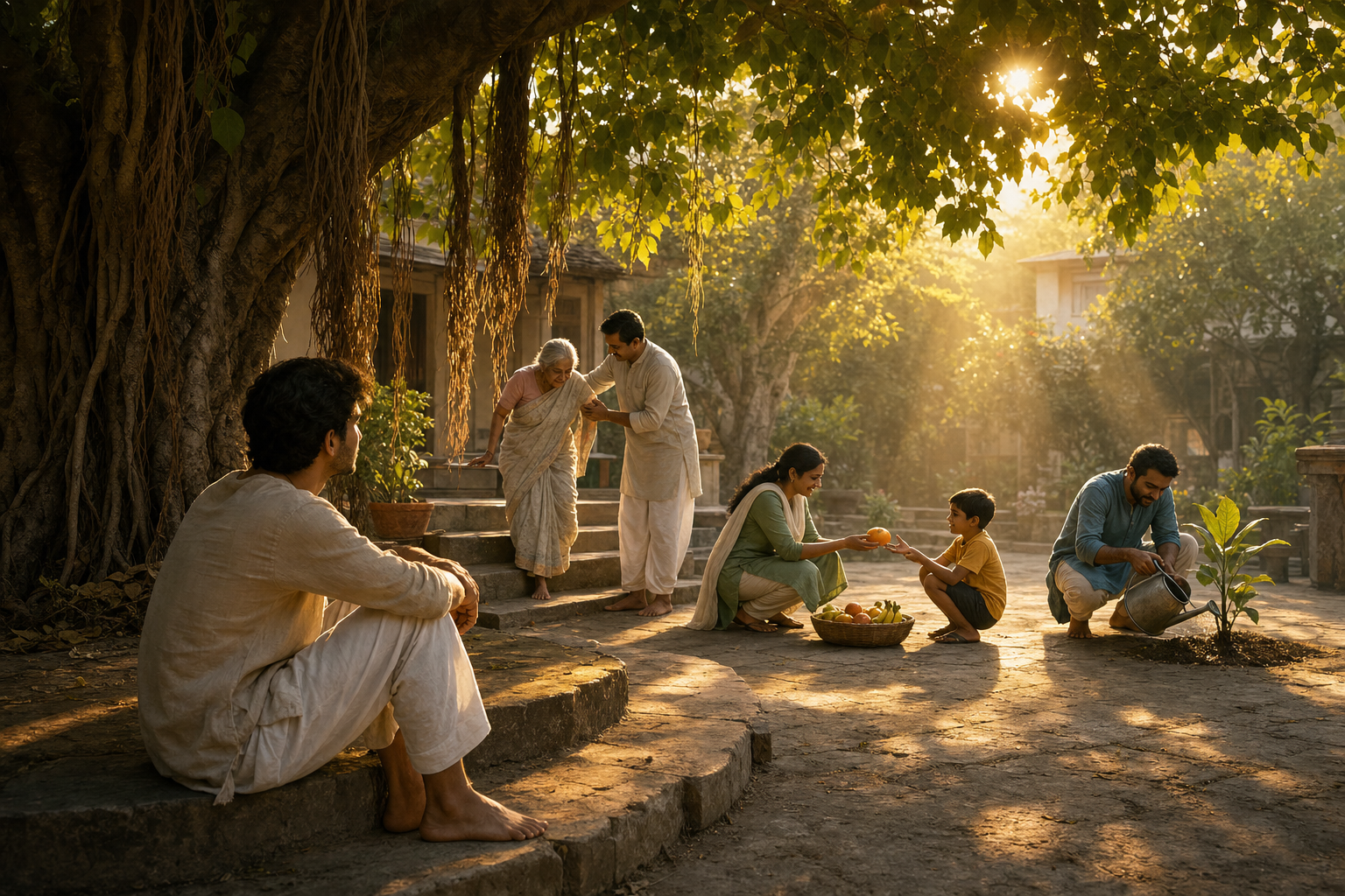 A seated observer watches neighbors help an older adult, share fruit with a child, and water a plant in a dawn courtyard.