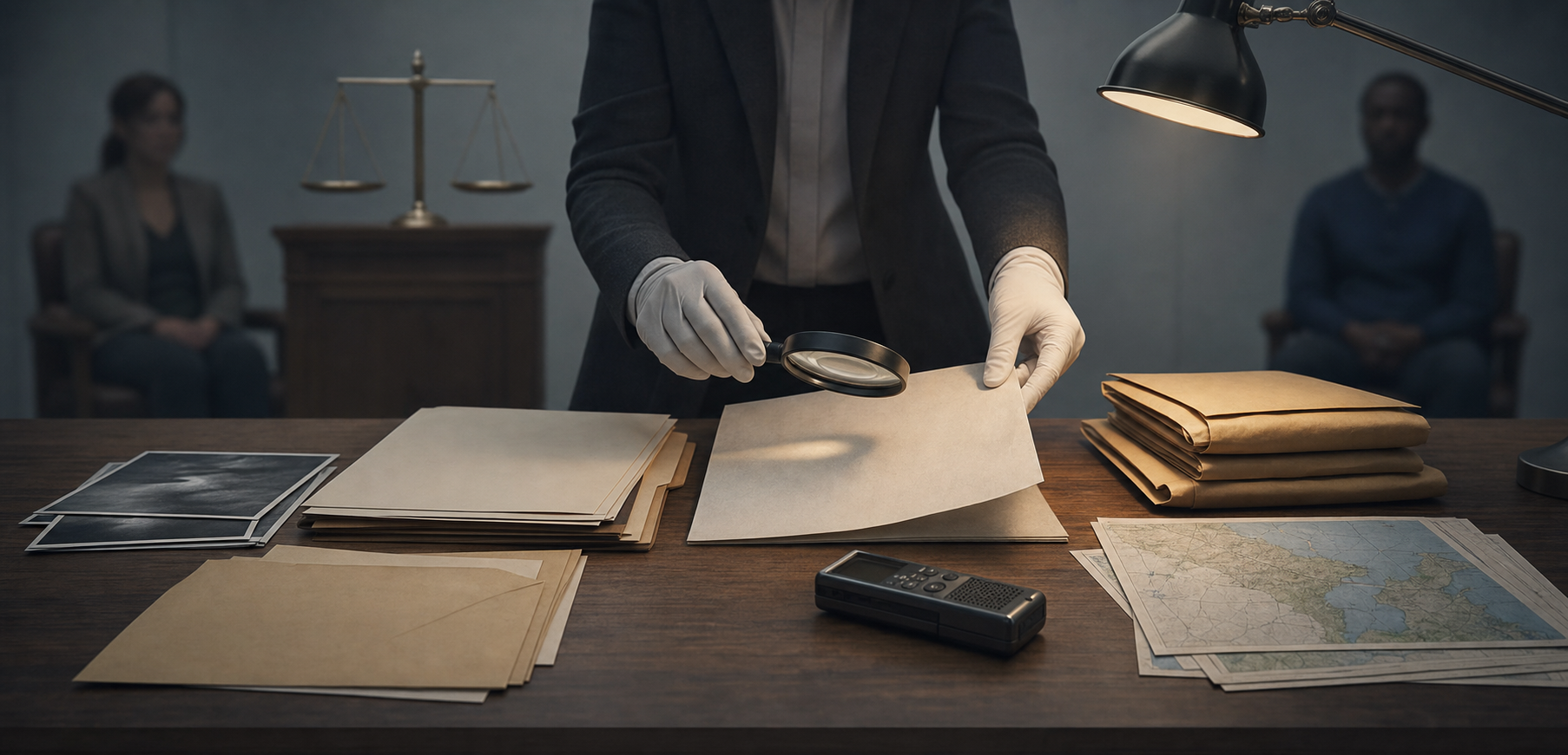Evidence files, photographs, maps, sealed envelopes and a recorder are examined on a hearing-room table while two anonymous witnesses wait in the background.