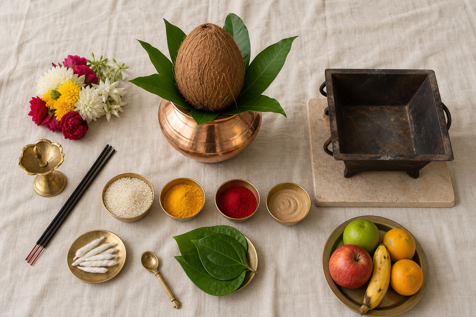 Common puja materials are arranged on a cloth, including a copper kalash, coconut, mango leaves, rice, flowers, lamp, incense, fruit, and a small havan kund.