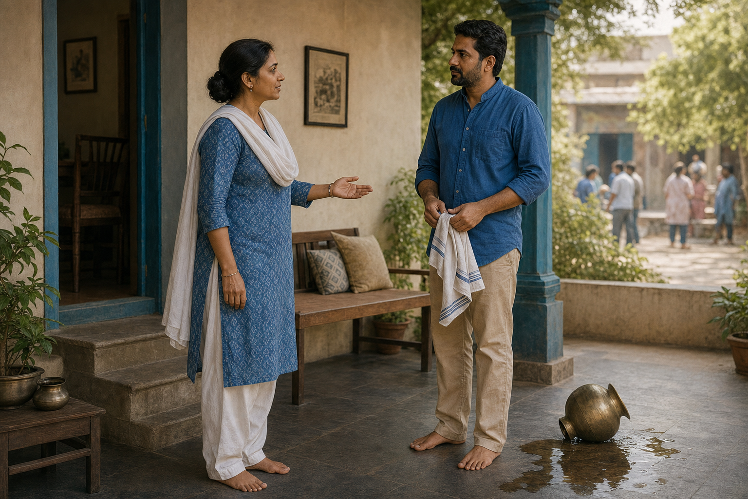 Two adults speak privately on a veranda beside a spilled water vessel, with one holding a cloth to clean it up.