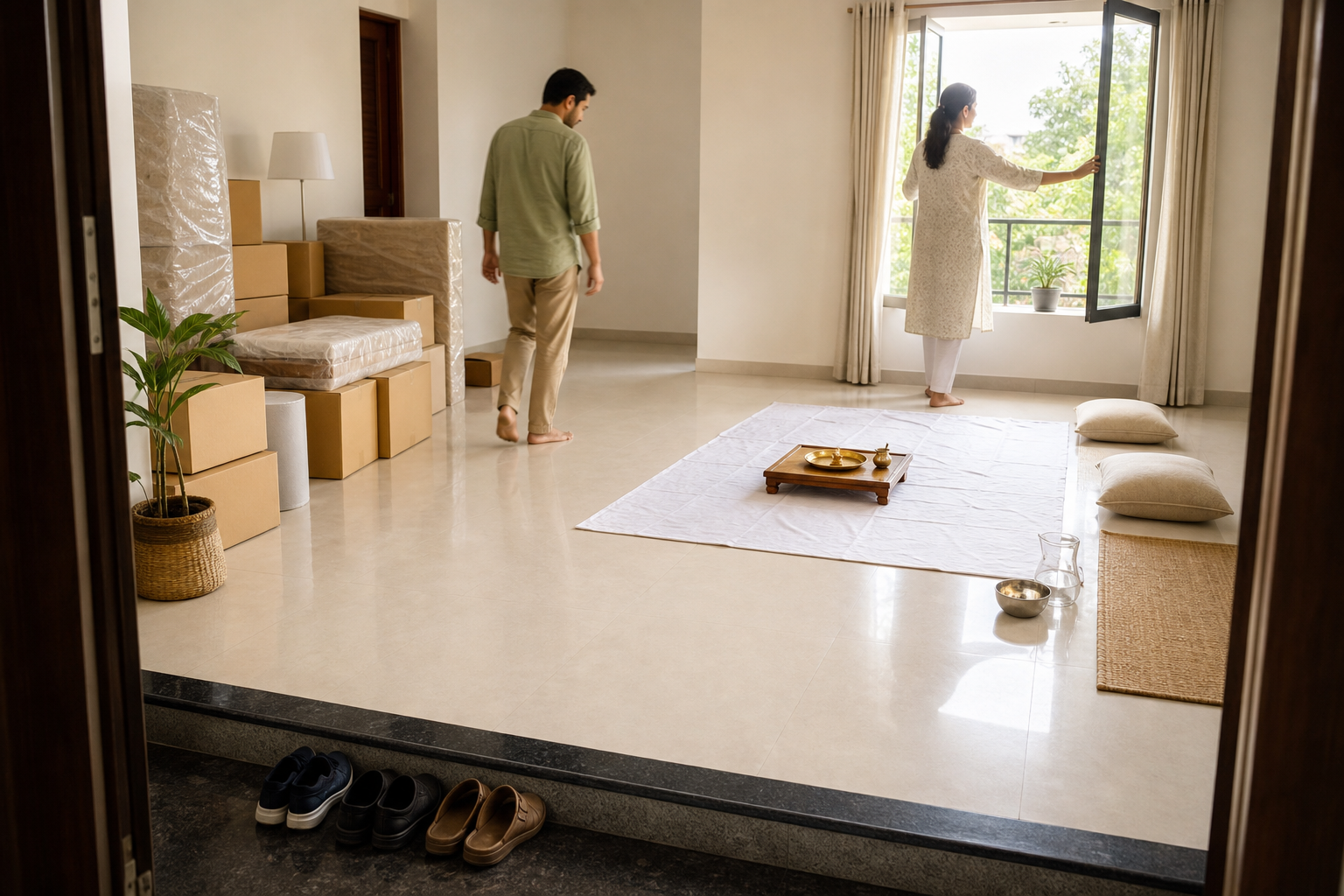 A new apartment has a clean central worship area and clear entrance path, while blank moving boxes and wrapped furniture are stacked along one wall.
