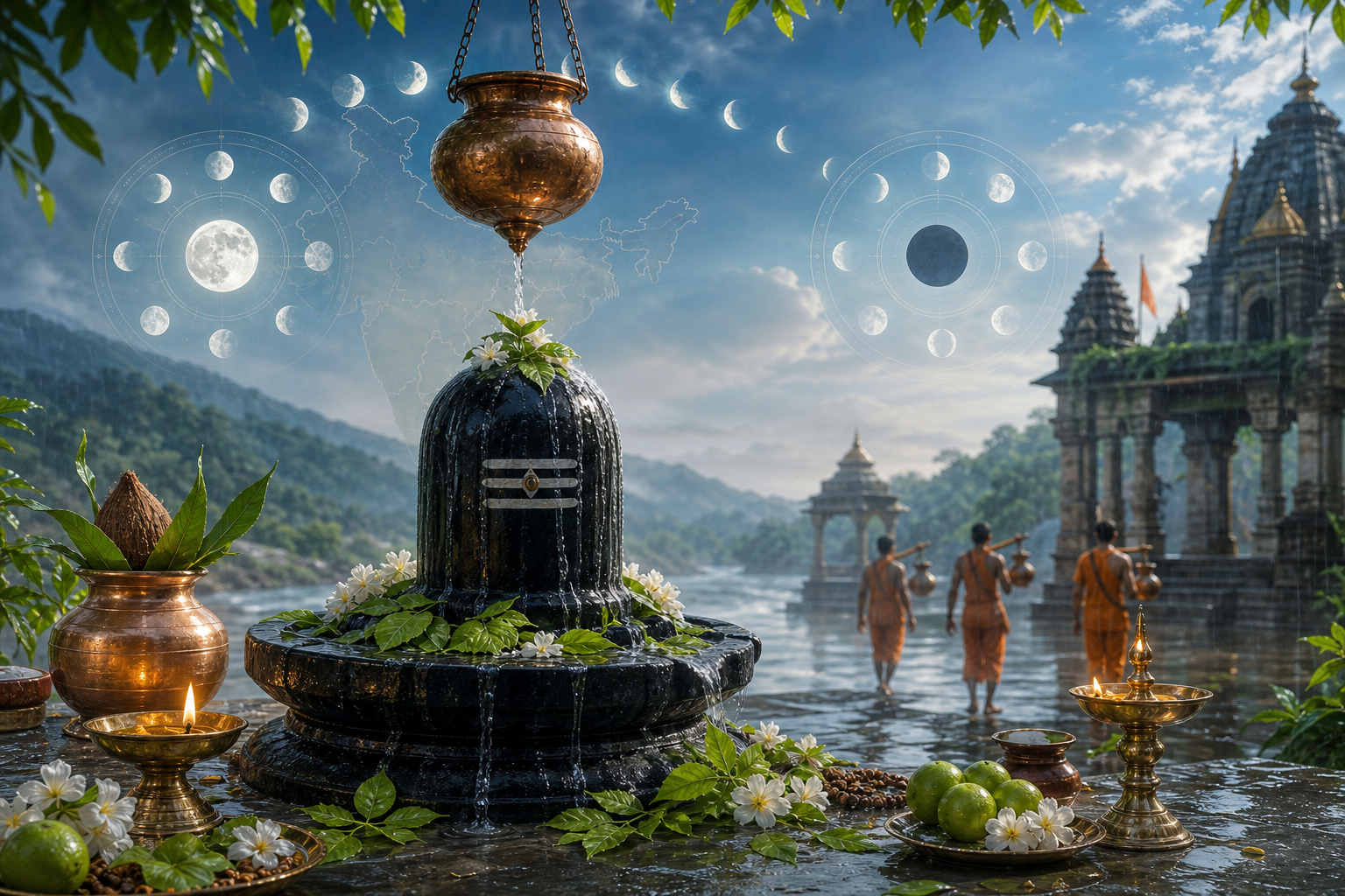Shiva linga receiving Jalabhishek in a monsoon temple scene with lunar calendar symbols