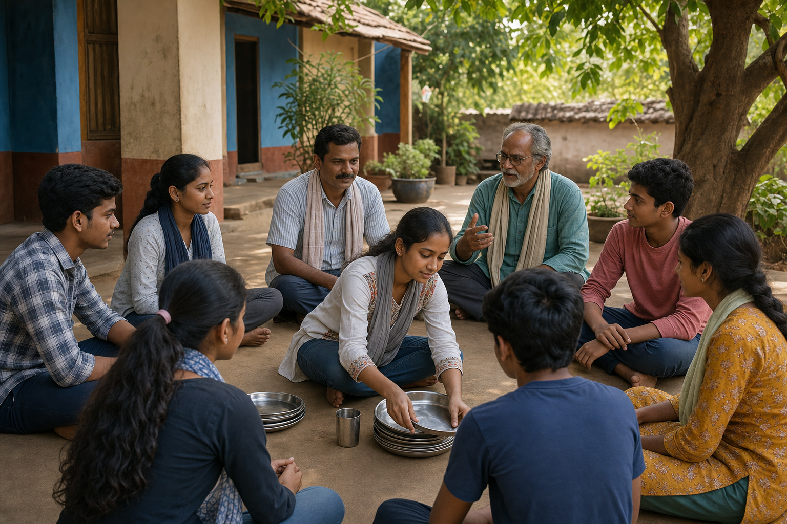 Young people and older mentors hold a guidance circle in a courtyard while participants help with practical community tasks.