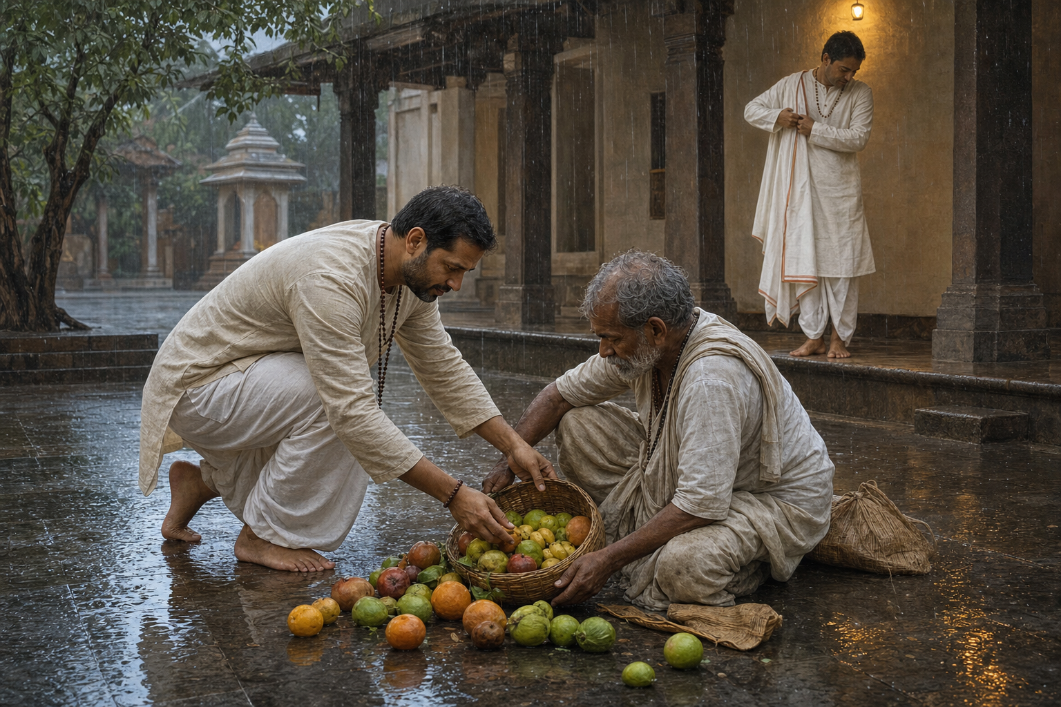 One devotee helps a fallen vendor collect spilled fruit in the rain while another adjusts clean garments beneath a nearby veranda.