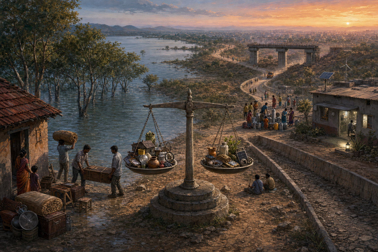 A continuous landscape contrasts a family displaced by rising reservoir water with distant farmers, households, a clinic and travelers affected by delayed infrastructure benefits.
