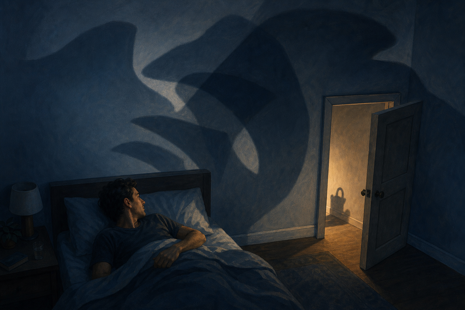 An awake adult looks toward a half-open bedroom door while a small object casts exaggerated overlapping shadows on the wall.