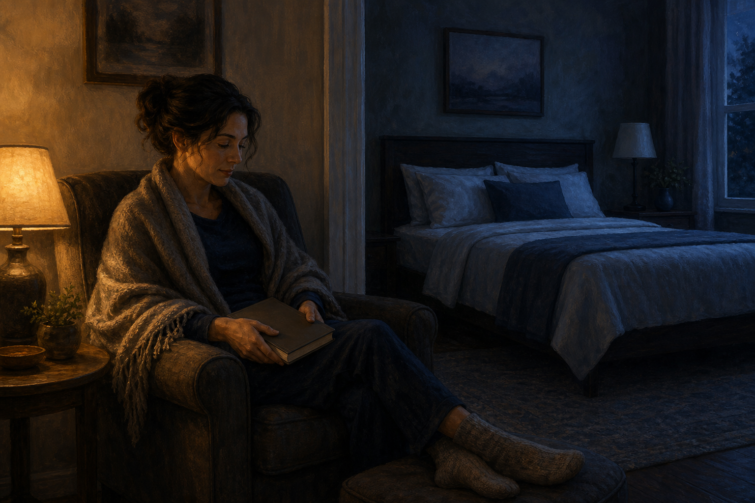 An adult rests in a dim chair beside a low lamp while the turned-down bed remains visible in the background.
