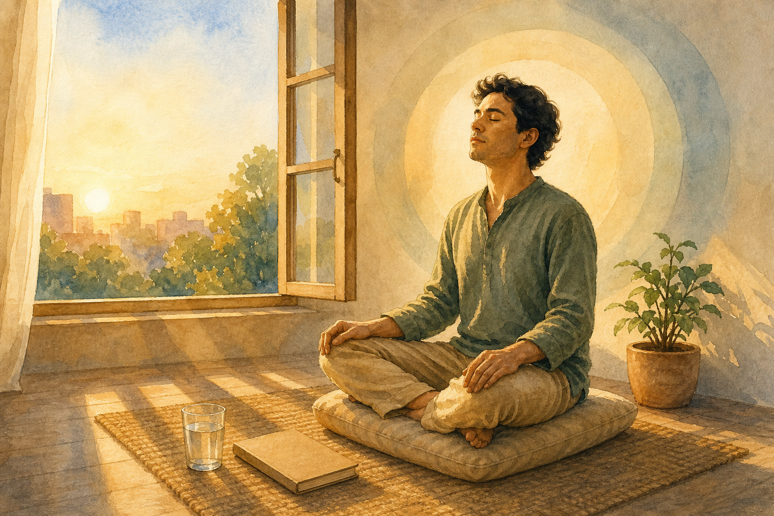 An adult practices quiet breathing on a cushion by an open window as warm sunrise light enters the room.