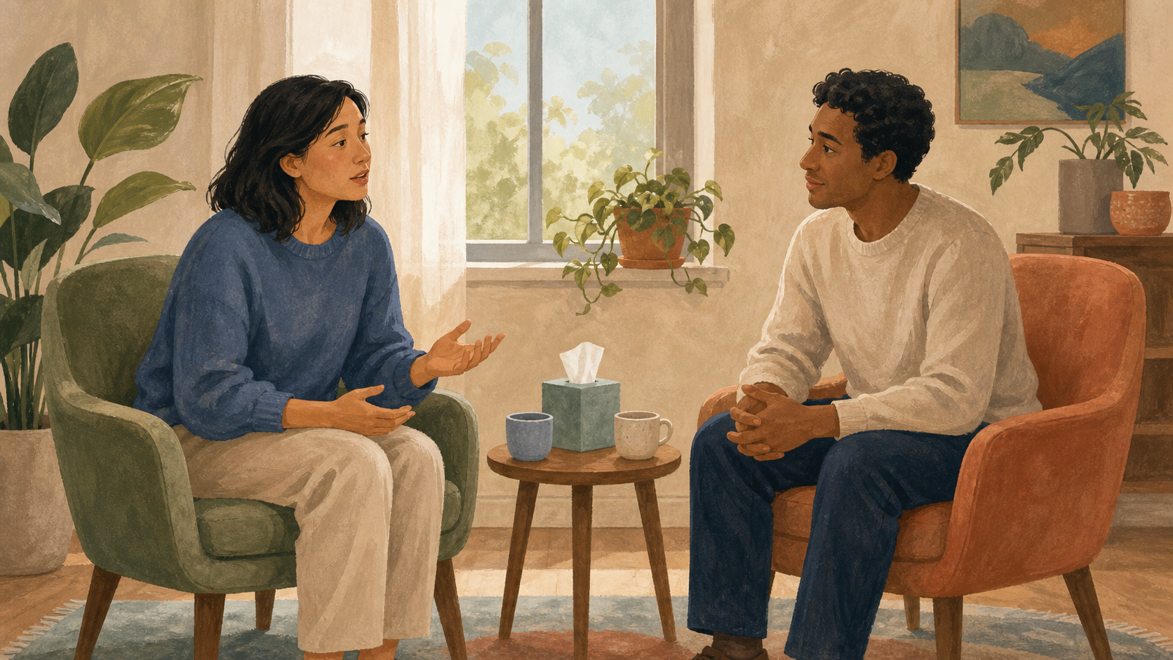 Two adults sit facing each other in a softly lit counseling room, with one speaking and the other listening attentively.