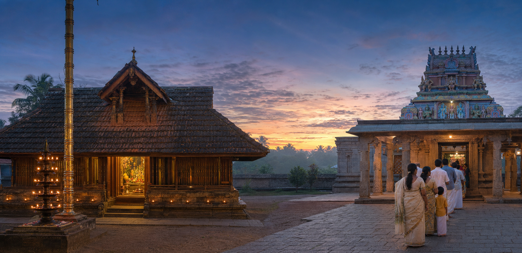 A paired dawn scene shows a Kerala-style tiled temple with a Vishukkani and a Chennai-style stone temple receiving families for New Year darshan.