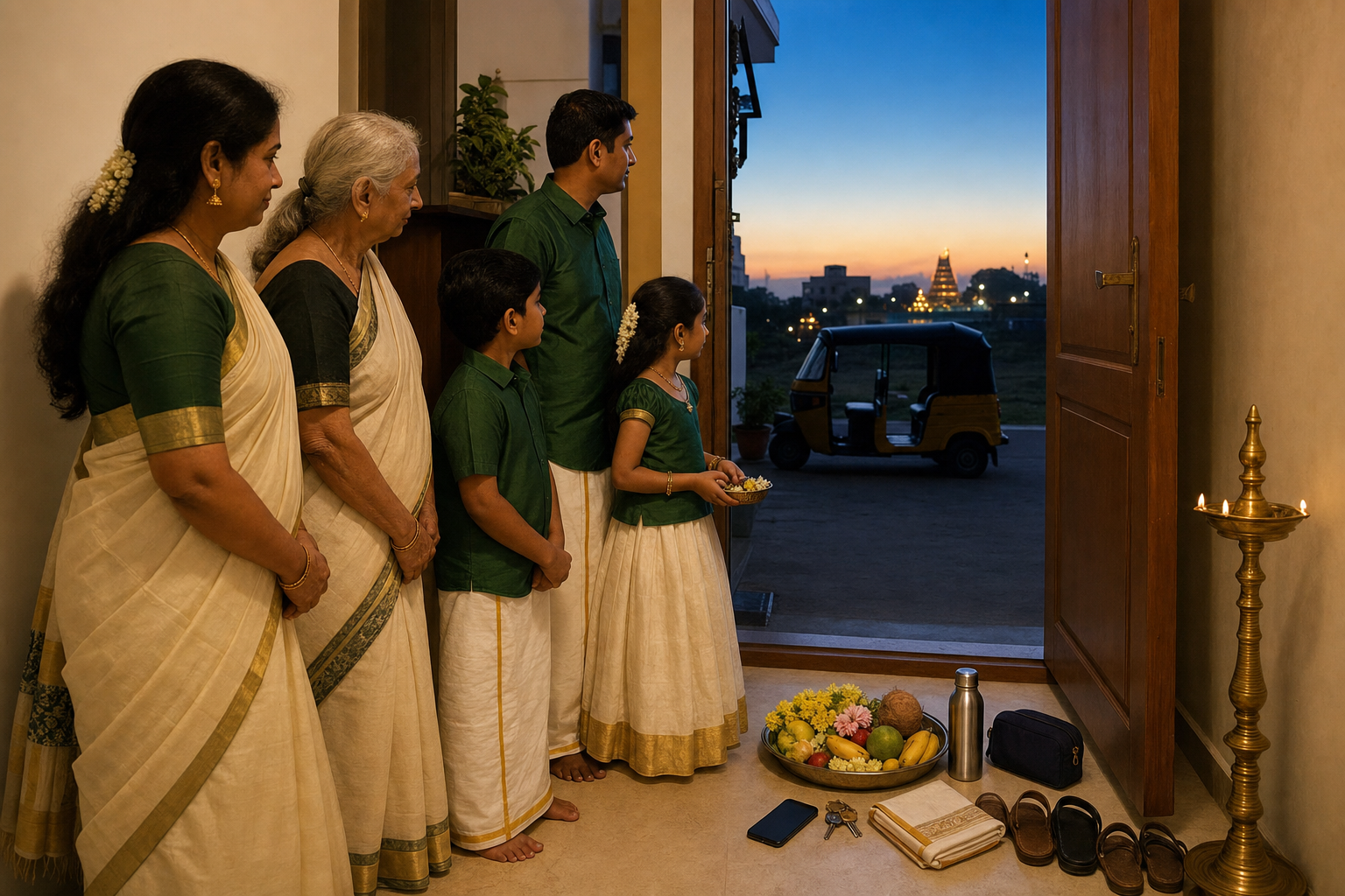 A family stands ready at a Chennai apartment doorway before sunrise with a small offering plate, water, medicines, shawl, keys, and sandals prepared for the temple trip.
