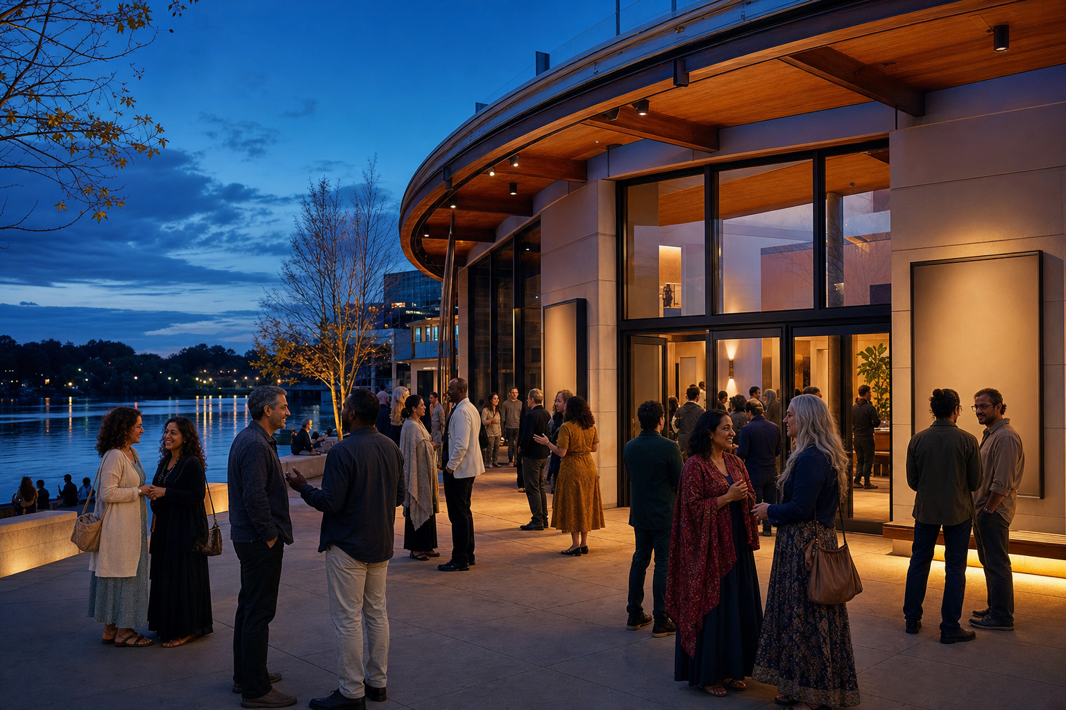 People gather outside a warmly lit riverside arts venue at twilight before a film screening.